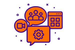 Representação visual de plataformas colaborativas Microsoft 365 com elementos em roxo e laranja, refletindo a identidade visual da Integratum