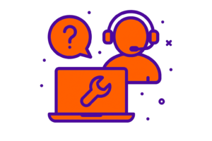 Ilustração de suporte técnico de TI com elementos visuais em roxo e laranja, representando atendimento especializado e infraestrutura segura