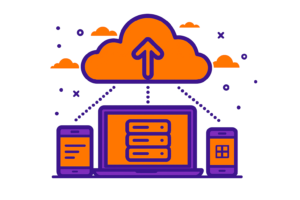 alt="Ilustração de cloud computing para empresas com design moderno nas cores roxo e laranja da Integratum"