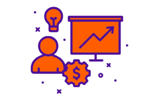 Ilustração de consultoria em TI com elementos visuais em roxo e laranja, representando estratégia, inovação e otimização de custos com FinOps